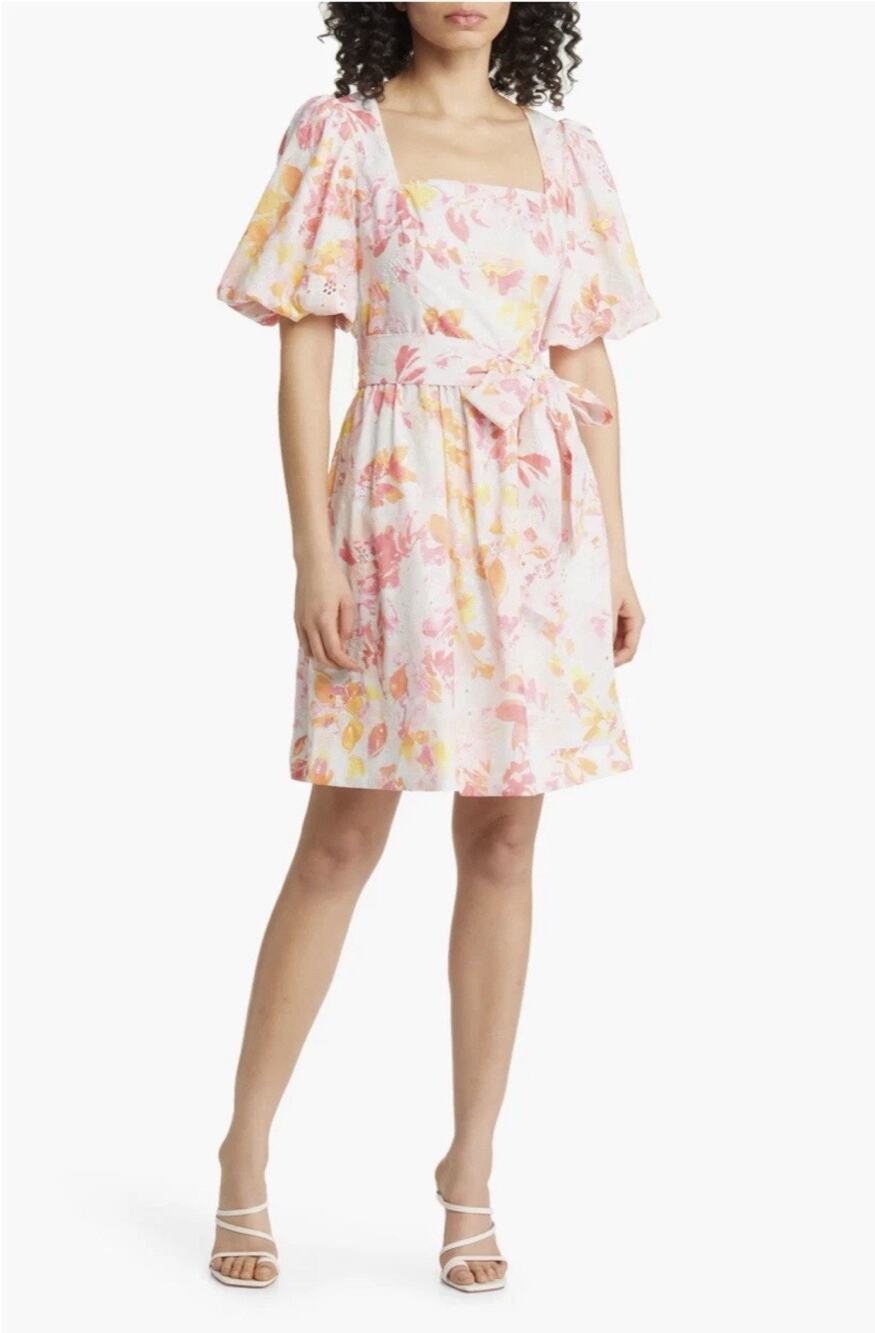 Eliza J Puff Sleeve Eyelet Floral Cotton Dress Women's 14 Pink White Spring NWT